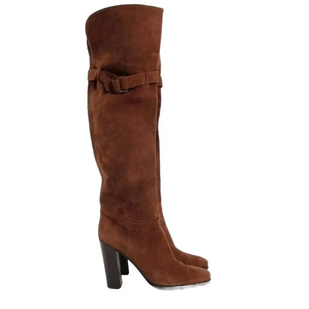 Sergio Rossi Size UK 39.5 Brown‎ Over Knee Pull On Boots Suede Made In Italy